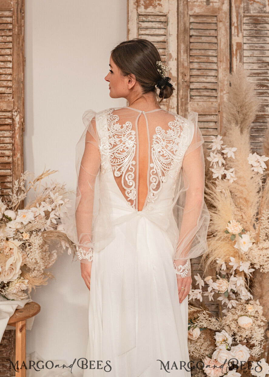 BRIDE bolero, robes, garter WEDDING BOLERO & SHRUGS Lace Wedding Bolero Long Sleeve , Bare Back Lace, Wedding Puff Sleeve Mesh Shrug, Bridal Bishop sleeved wedding Lace Coverup, Lace Blouse for Bride, Bridal Capelet mesh