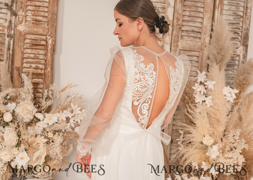 BRIDE bolero, robes, garter WEDDING BOLERO & SHRUGS Lace Wedding Bolero Long Sleeve , Bare Back Lace, Wedding Puff Sleeve Mesh Shrug, Bridal Bishop sleeved wedding Lace Coverup, Lace Blouse for Bride, Bridal Capelet mesh