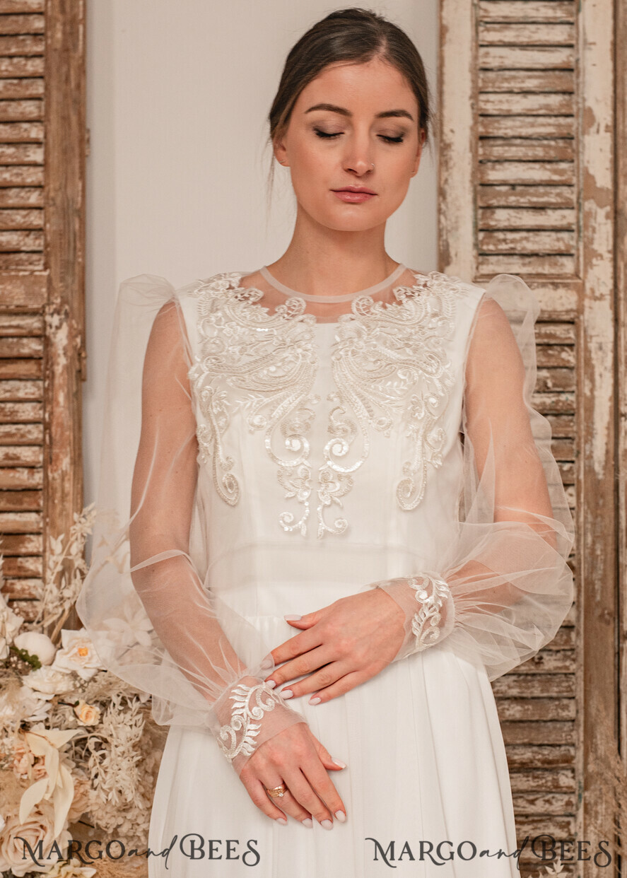 BRIDE bolero, robes, garter WEDDING BOLERO & SHRUGS Lace Wedding Bolero Long Sleeve , Bare Back Lace, Wedding Puff Sleeve Mesh Shrug, Bridal Bishop sleeved wedding Lace Coverup, Lace Blouse for Bride, Bridal Capelet mesh