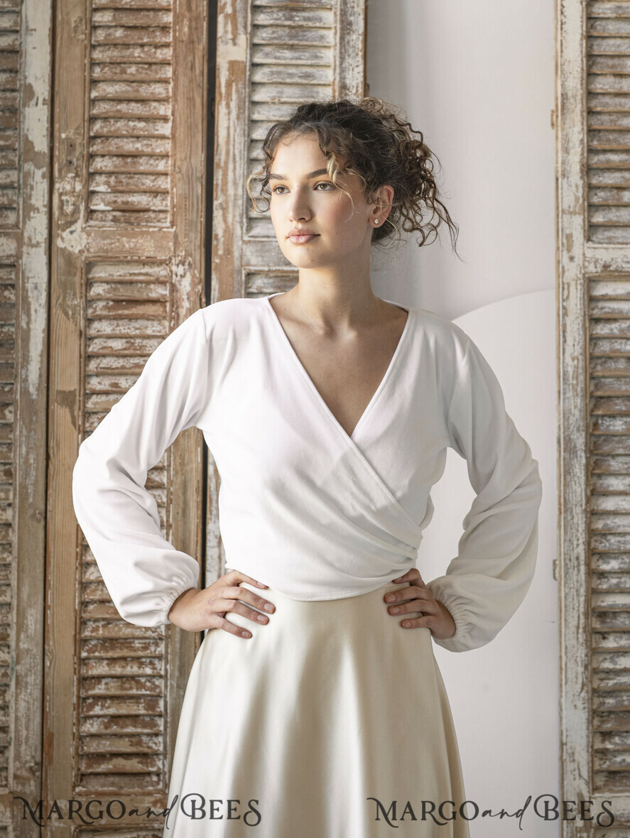 BRIDE bolero, robes, garter WEDDING BOLERO & SHRUGS Wedding Bolero Long Sleeve, Velvet Wrap Bridal Bolero – Soft Long Sleeve Wedding Cover-Up with Back Bow