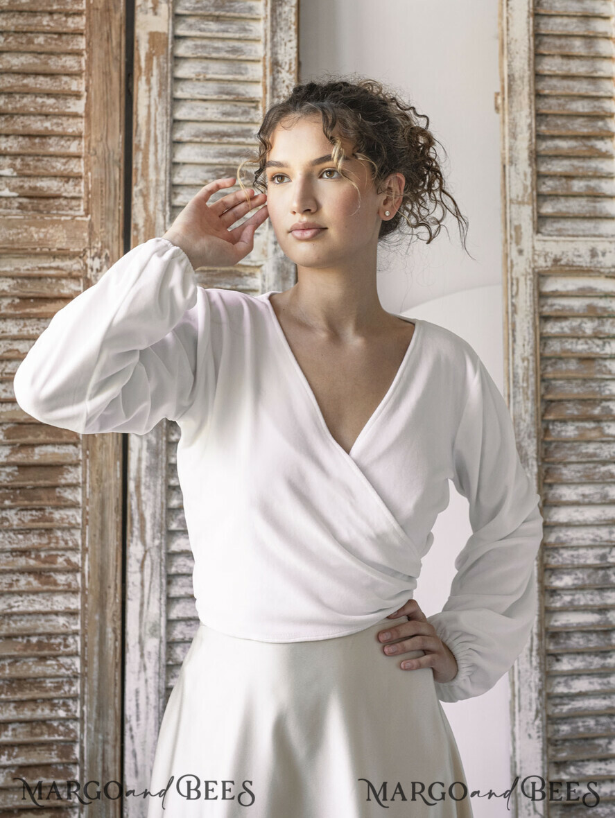 BRIDE bolero, robes, garter WEDDING BOLERO & SHRUGS Wedding Bolero Long Sleeve, Velvet Wrap Bridal Bolero – Soft Long Sleeve Wedding Cover-Up with Back Bow