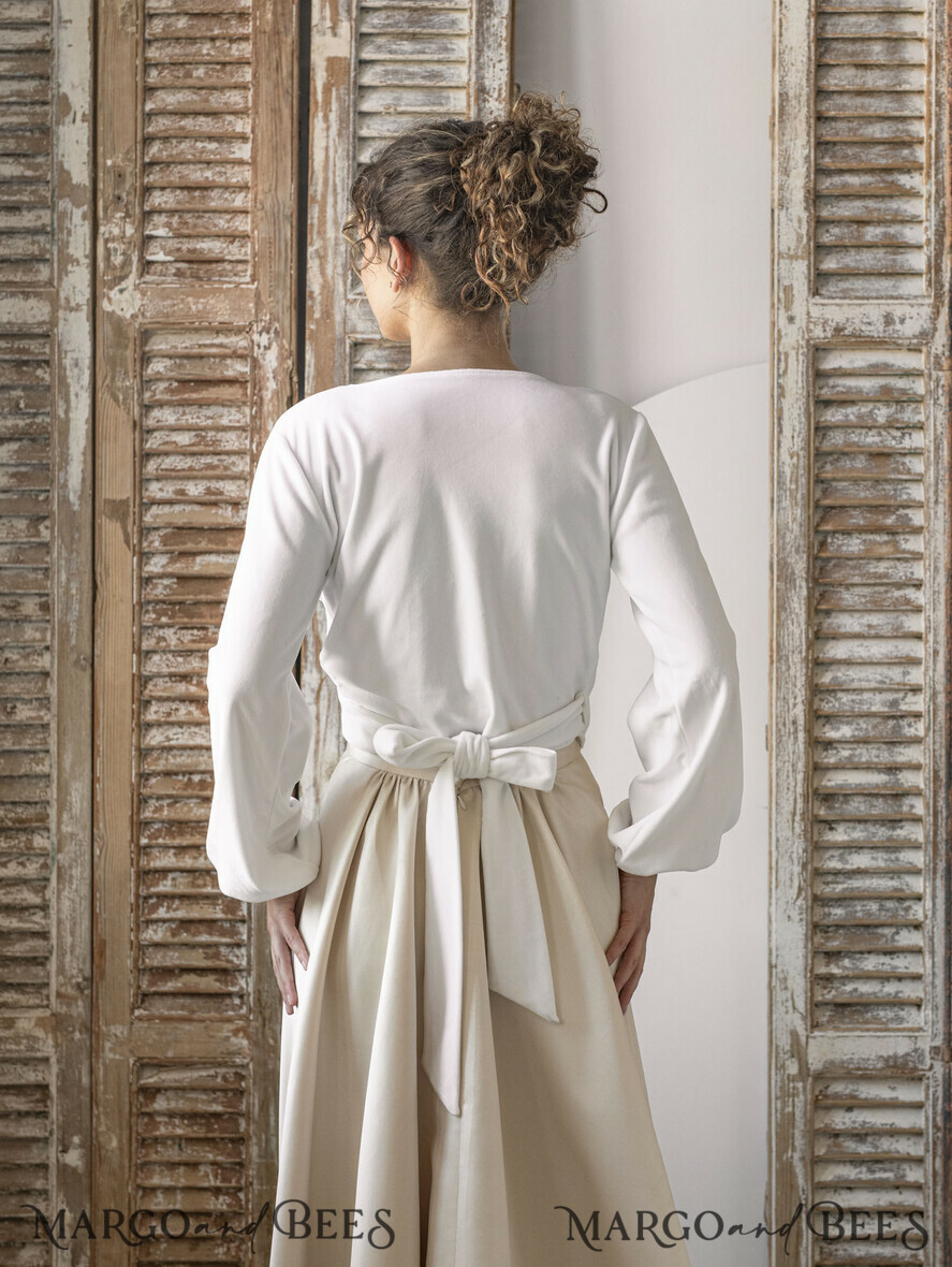 BRIDE bolero, robes, garter WEDDING BOLERO & SHRUGS Wedding Bolero Long Sleeve, Velvet Wrap Bridal Bolero – Soft Long Sleeve Wedding Cover-Up with Back Bow