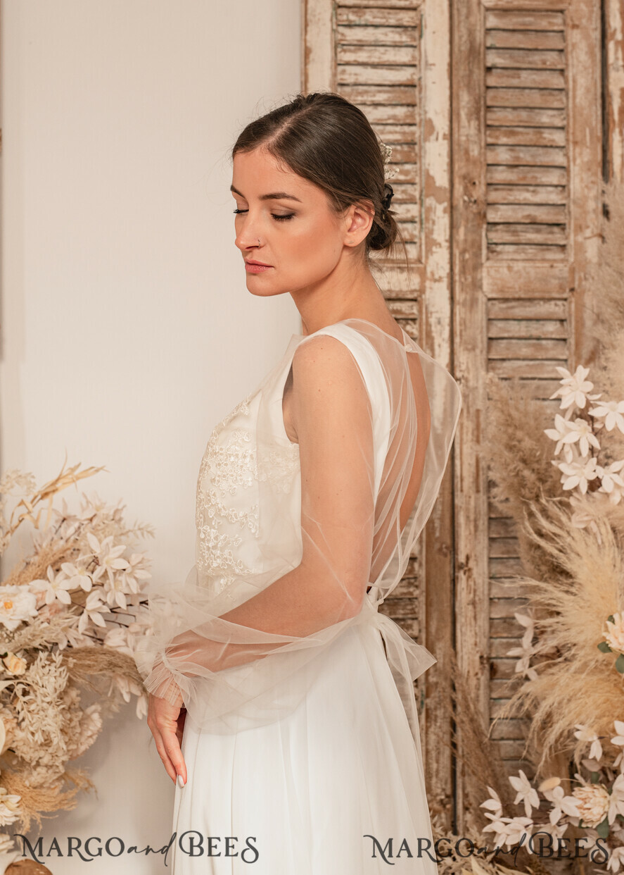 BRIDE bolero, robes, garter WEDDING BOLERO & SHRUGS Lace Wedding Bolero Long Sleeve , Bare Back Lace, Wedding Puff Sleeve Mesh Shrug, Bridal Bishop sleeved wedding Lace Coverup, Lace Blouse for Bride, Bridal Capelet mesh