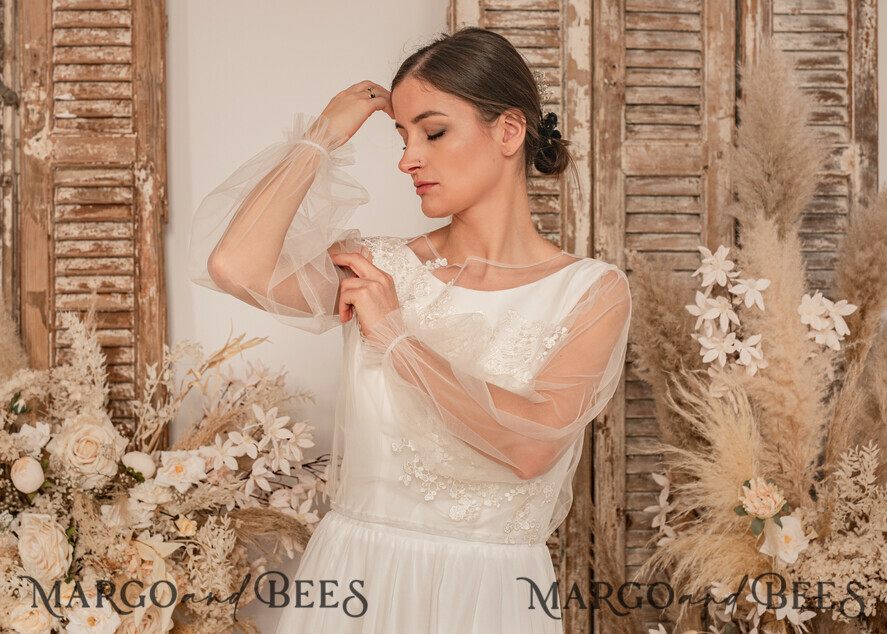 BRIDE bolero, robes, garter WEDDING BOLERO & SHRUGS Lace Wedding Bolero Long Sleeve , Bare Back Lace, Wedding Puff Sleeve Mesh Shrug, Bridal Bishop sleeved wedding Lace Coverup, Lace Blouse for Bride, Bridal Capelet mesh