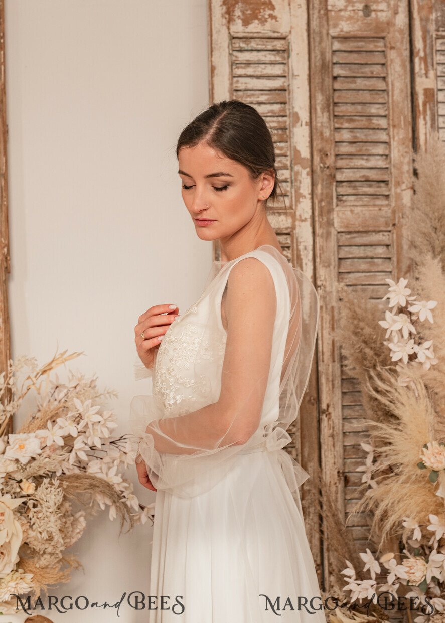 BRIDE bolero, robes, garter WEDDING BOLERO & SHRUGS Lace Wedding Bolero Long Sleeve , Bare Back Lace, Wedding Puff Sleeve Mesh Shrug, Bridal Bishop sleeved wedding Lace Coverup, Lace Blouse for Bride, Bridal Capelet mesh
