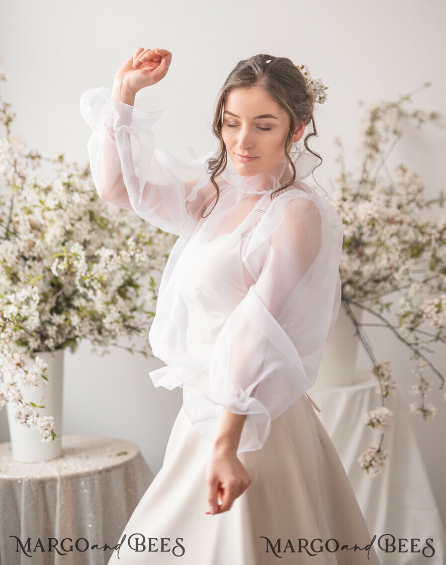 BRIDE bolero, robes, garter WEDDING BOLERO & SHRUGS Wedding Bolero Long Sleeve, Wedding Puff Sleeve Mesh Shrug, Bridal puff sleeved wedding Coverup, Blouse for Bride, Bridal Capelet mesh