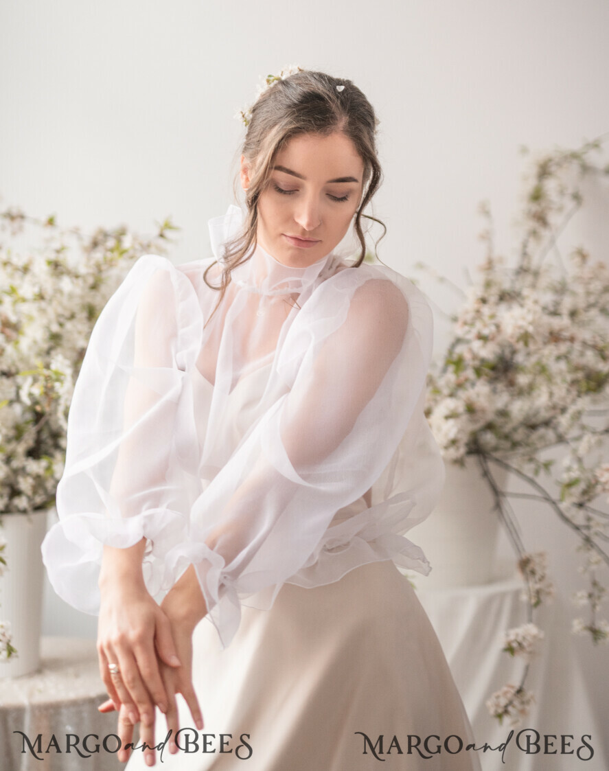 BRIDE bolero, robes, garter WEDDING BOLERO & SHRUGS Wedding Bolero Long Sleeve, Wedding Puff Sleeve Mesh Shrug, Bridal puff sleeved wedding Coverup, Blouse for Bride, Bridal Capelet mesh