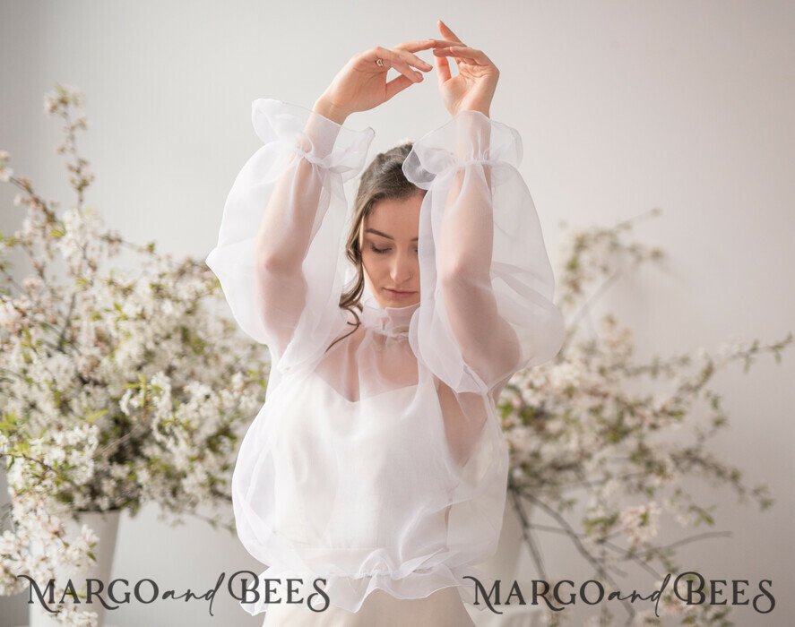 BRIDE bolero, robes, garter WEDDING BOLERO & SHRUGS Wedding Bolero Long Sleeve, Wedding Puff Sleeve Mesh Shrug, Bridal puff sleeved wedding Coverup, Blouse for Bride, Bridal Capelet mesh