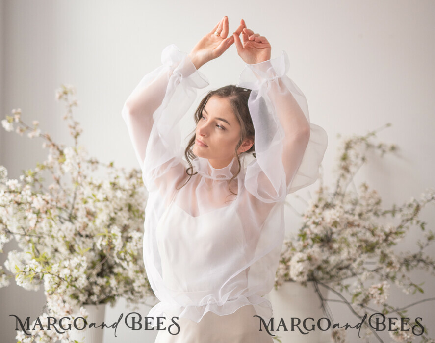 BRIDE bolero, robes, garter WEDDING BOLERO & SHRUGS Wedding Bolero Long Sleeve, Wedding Puff Sleeve Mesh Shrug, Bridal puff sleeved wedding Coverup, Blouse for Bride, Bridal Capelet mesh