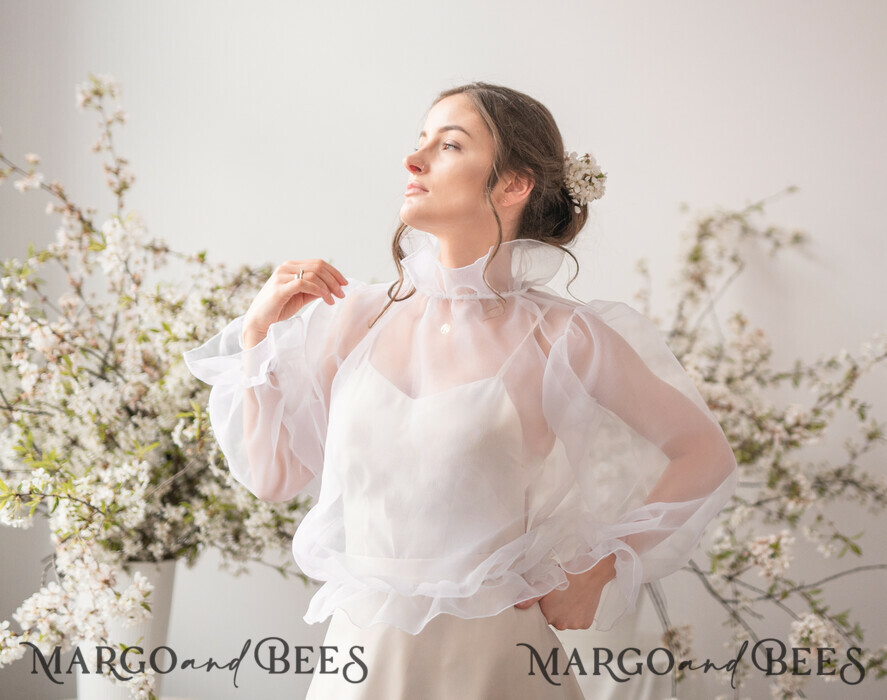 BRIDE bolero, robes, garter WEDDING BOLERO & SHRUGS Wedding Bolero Long Sleeve, Wedding Puff Sleeve Mesh Shrug, Bridal puff sleeved wedding Coverup, Blouse for Bride, Bridal Capelet mesh