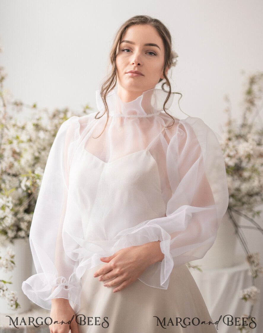 BRIDE bolero, robes, garter WEDDING BOLERO & SHRUGS Wedding Bolero Long Sleeve, Wedding Puff Sleeve Mesh Shrug, Bridal puff sleeved wedding Coverup, Blouse for Bride, Bridal Capelet mesh