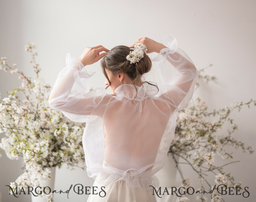 BRIDE bolero, robes, garter WEDDING BOLERO & SHRUGS Wedding Bolero Long Sleeve, Wedding Puff Sleeve Mesh Shrug, Bridal puff sleeved wedding Coverup, Blouse for Bride, Bridal Capelet mesh