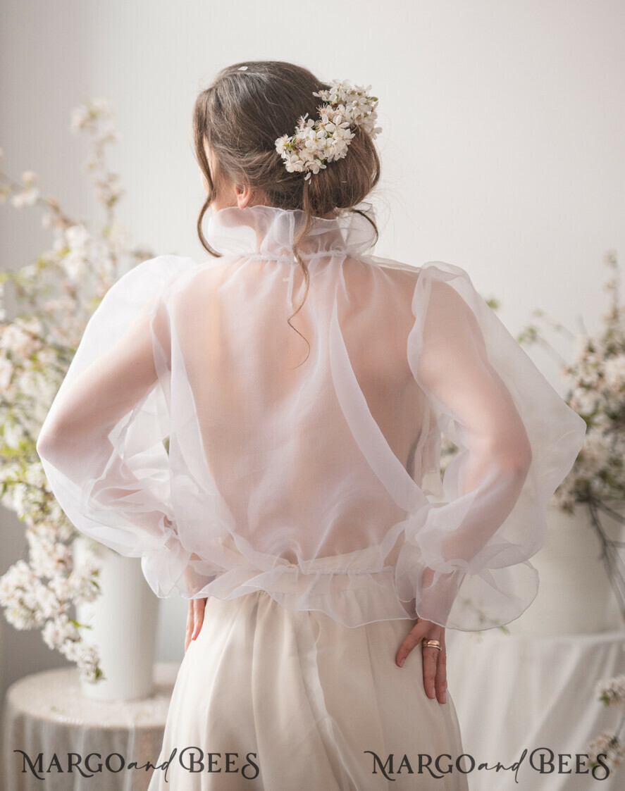 BRIDE bolero, robes, garter WEDDING BOLERO & SHRUGS Wedding Bolero Long Sleeve, Wedding Puff Sleeve Mesh Shrug, Bridal puff sleeved wedding Coverup, Blouse for Bride, Bridal Capelet mesh