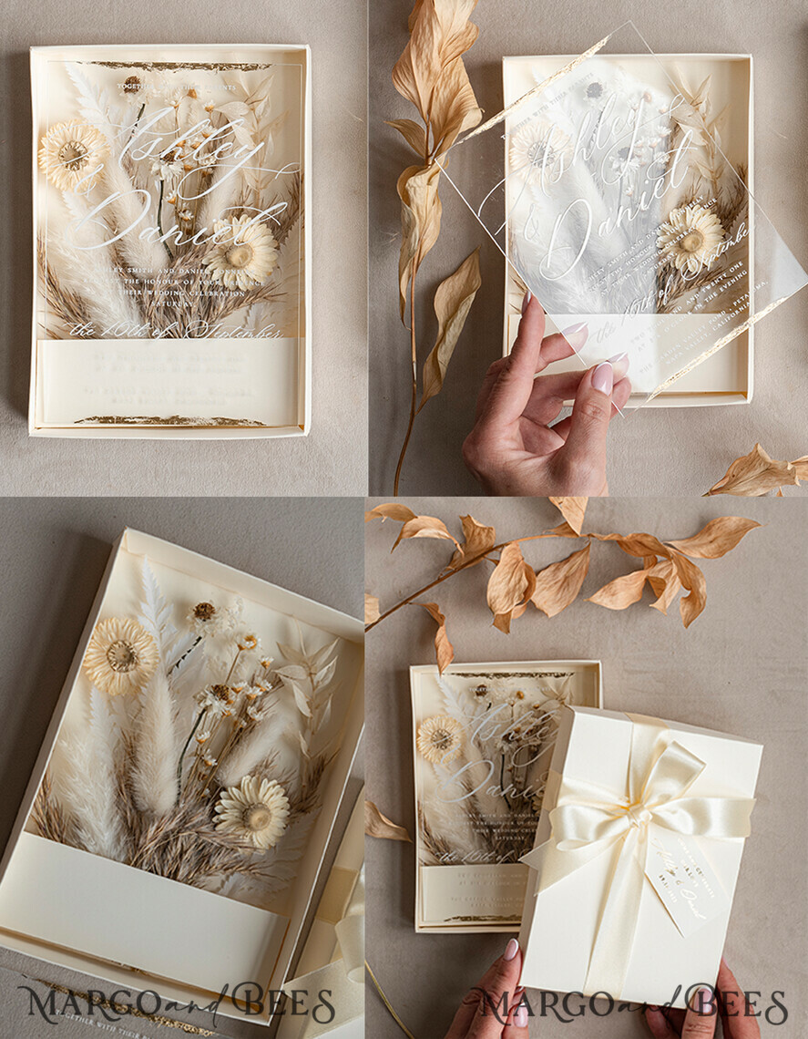 WEDDING INVITATIONS Invitations for VIP/ boxed Invites for Parents Natural Dried Flowers Wedding Invitations in velvet box, Plexi Glamour Boxed Wedding Invitation Suite Luxury, Romantic Velvet Wedding Cards, Bespoke Golden Invites