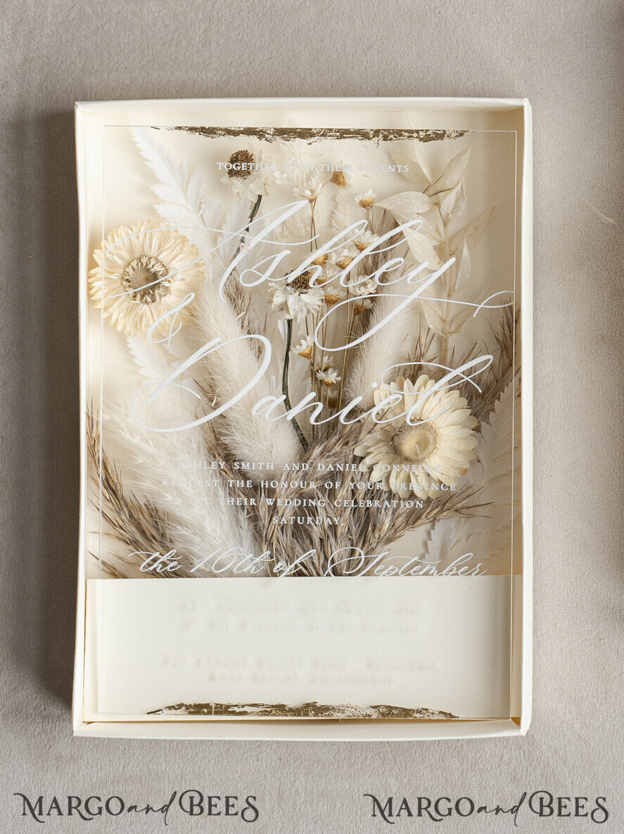WEDDING INVITATIONS Invitations for VIP/ boxed Invites for Parents Natural Dried Flowers Wedding Invitations in velvet box, Plexi Glamour Boxed Wedding Invitation Suite Luxury, Romantic Velvet Wedding Cards, Bespoke Golden Invites