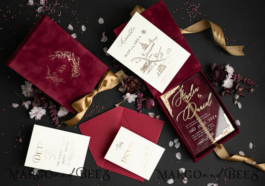 WEDDING INVITATIONS Invitations for VIP/ boxed Invites for Parents Burgundy Boxed Wedding Invitation set ,3D Golden Plexi Wedding Invitation Suite Luxury Box, Elegant Boho Velvet Wedding Cards, Bespoke Golden Invites