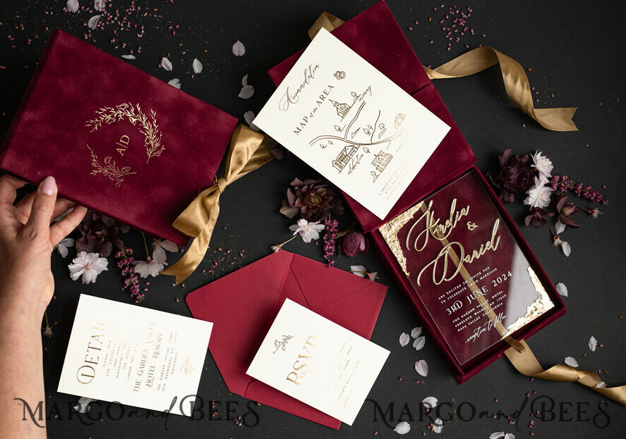 WEDDING INVITATIONS Invitations for VIP/ boxed Invites for Parents Burgundy Boxed Wedding Invitation set ,3D Golden Plexi Wedding Invitation Suite Luxury Box, Elegant Boho Velvet Wedding Cards, Bespoke Golden Invites