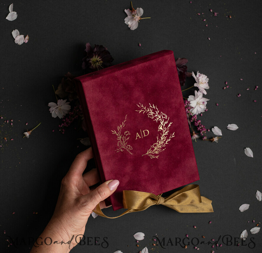WEDDING INVITATIONS Invitations for VIP/ boxed Invites for Parents Burgundy Boxed Wedding Invitation set ,3D Golden Plexi Wedding Invitation Suite Luxury Box, Elegant Boho Velvet Wedding Cards, Bespoke Golden Invites
