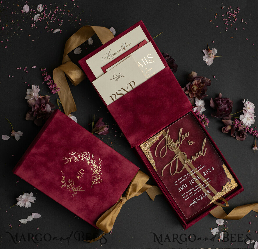 WEDDING INVITATIONS Invitations for VIP/ boxed Invites for Parents Burgundy Boxed Wedding Invitation set ,3D Golden Plexi Wedding Invitation Suite Luxury Box, Elegant Boho Velvet Wedding Cards, Bespoke Golden Invites