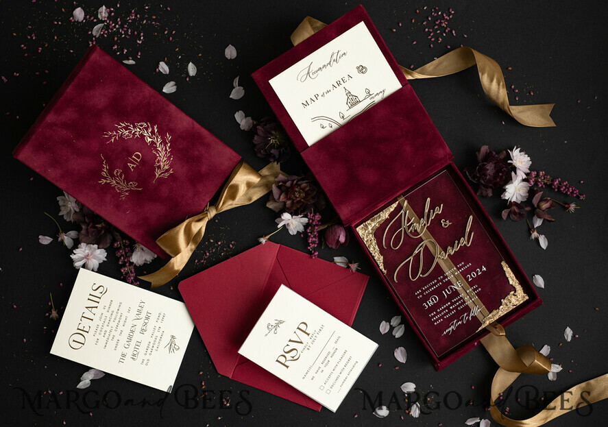 WEDDING INVITATIONS Invitations for VIP/ boxed Invites for Parents Burgundy Boxed Wedding Invitation set ,3D Golden Plexi Wedding Invitation Suite Luxury Box, Elegant Boho Velvet Wedding Cards, Bespoke Golden Invites