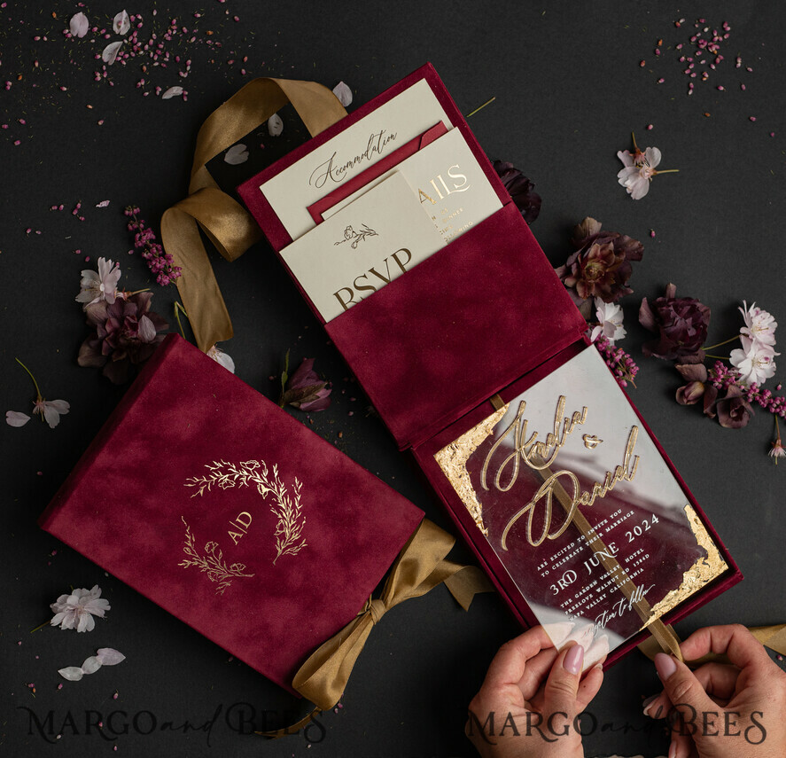 WEDDING INVITATIONS Invitations for VIP/ boxed Invites for Parents Burgundy Boxed Wedding Invitation set ,3D Golden Plexi Wedding Invitation Suite Luxury Box, Elegant Boho Velvet Wedding Cards, Bespoke Golden Invites