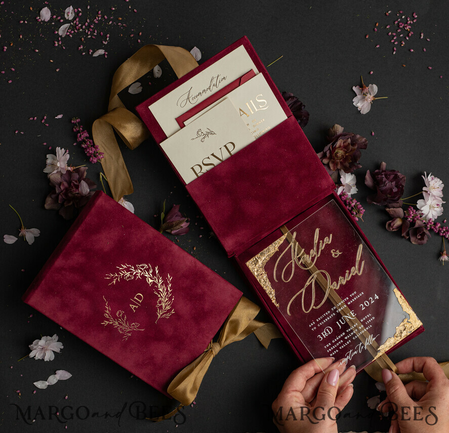 WEDDING INVITATIONS Invitations for VIP/ boxed Invites for Parents Burgundy Boxed Wedding Invitation set ,3D Golden Plexi Wedding Invitation Suite Luxury Box, Elegant Boho Velvet Wedding Cards, Bespoke Golden Invites