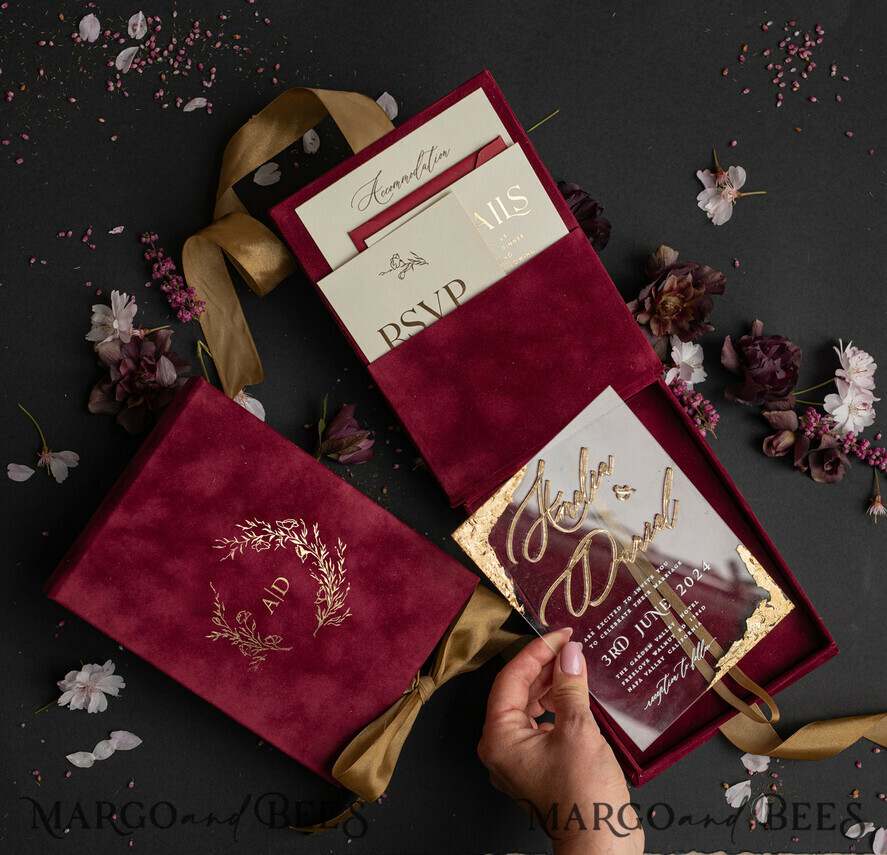 WEDDING INVITATIONS Invitations for VIP/ boxed Invites for Parents Burgundy Boxed Wedding Invitation set ,3D Golden Plexi Wedding Invitation Suite Luxury Box, Elegant Boho Velvet Wedding Cards, Bespoke Golden Invites
