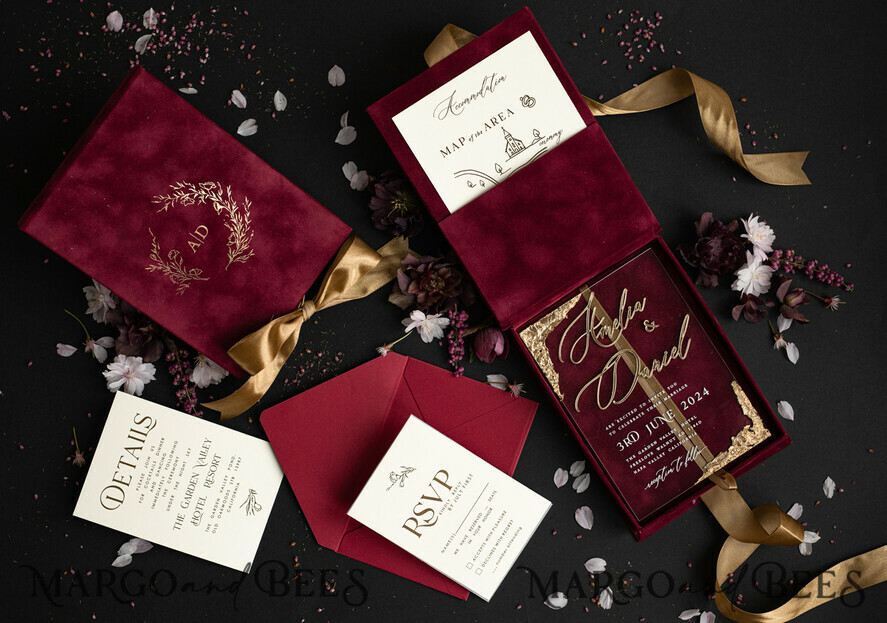 WEDDING INVITATIONS Invitations for VIP/ boxed Invites for Parents Burgundy Boxed Wedding Invitation set ,3D Golden Plexi Wedding Invitation Suite Luxury Box, Elegant Boho Velvet Wedding Cards, Bespoke Golden Invites