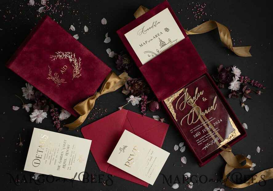 WEDDING INVITATIONS Invitations for VIP/ boxed Invites for Parents Burgundy Boxed Wedding Invitation set ,3D Golden Plexi Wedding Invitation Suite Luxury Box, Elegant Boho Velvet Wedding Cards, Bespoke Golden Invites