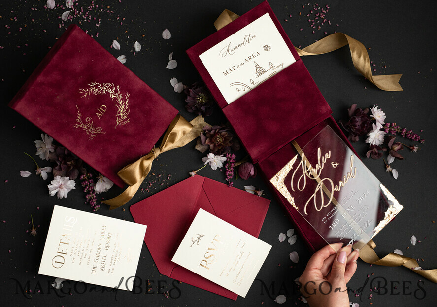 WEDDING INVITATIONS Invitations for VIP/ boxed Invites for Parents Burgundy Boxed Wedding Invitation set ,3D Golden Plexi Wedding Invitation Suite Luxury Box, Elegant Boho Velvet Wedding Cards, Bespoke Golden Invites