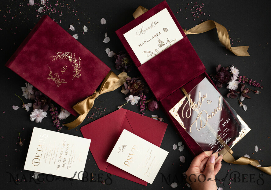 WEDDING INVITATIONS Invitations for VIP/ boxed Invites for Parents Burgundy Boxed Wedding Invitation set ,3D Golden Plexi Wedding Invitation Suite Luxury Box, Elegant Boho Velvet Wedding Cards, Bespoke Golden Invites
