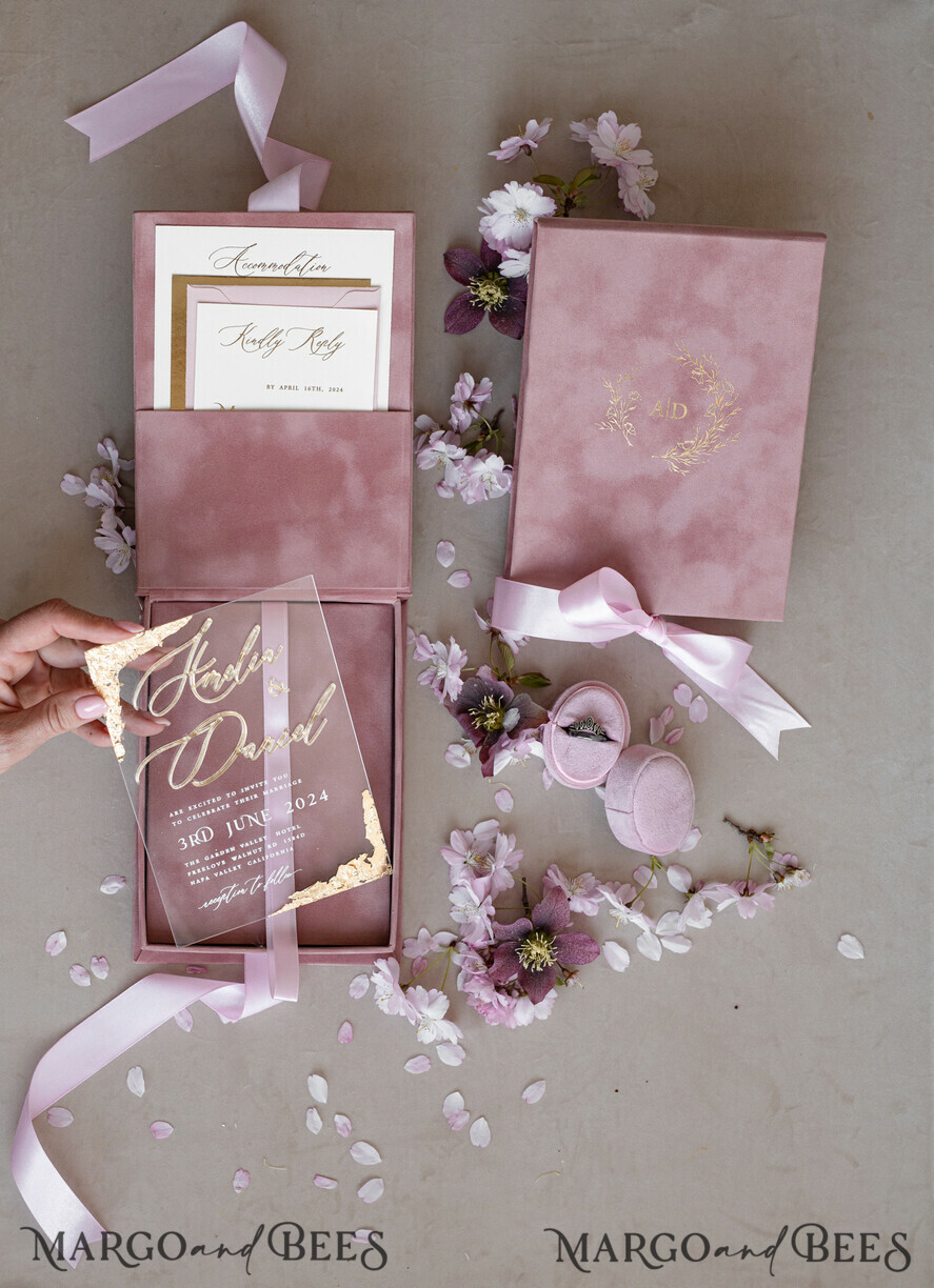 WEDDING INVITATIONS Invitations for VIP/ boxed Invites for Parents Blush Pink Boxed Wedding Invitation set ,3D Golden Plexi Wedding Invitation Suite Luxury Box, Elegant Boho Velvet Wedding Cards, Bespoke Golden Invites