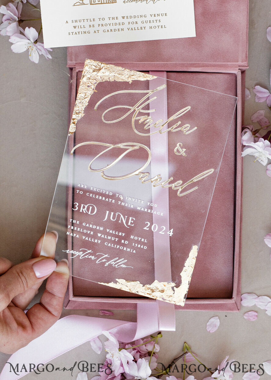 WEDDING INVITATIONS Invitations for VIP/ boxed Invites for Parents Blush Pink Boxed Wedding Invitation set ,3D Golden Plexi Wedding Invitation Suite Luxury Box, Elegant Boho Velvet Wedding Cards, Bespoke Golden Invites