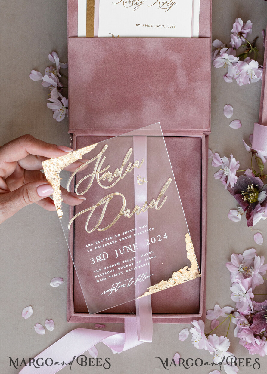 WEDDING INVITATIONS Invitations for VIP/ boxed Invites for Parents Blush Pink Boxed Wedding Invitation set ,3D Golden Plexi Wedding Invitation Suite Luxury Box, Elegant Boho Velvet Wedding Cards, Bespoke Golden Invites