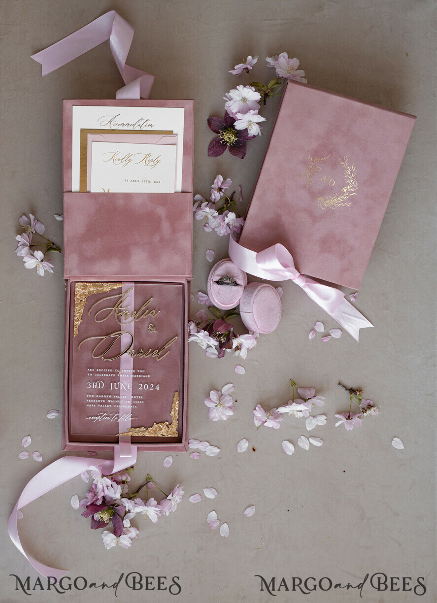WEDDING INVITATIONS Invitations for VIP/ boxed Invites for Parents Blush Pink Boxed Wedding Invitation set ,3D Golden Plexi Wedding Invitation Suite Luxury Box, Elegant Boho Velvet Wedding Cards, Bespoke Golden Invites