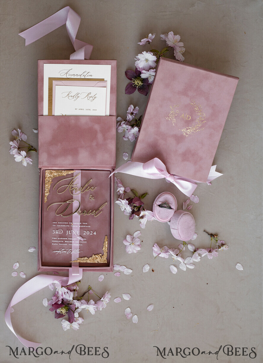 WEDDING INVITATIONS Invitations for VIP/ boxed Invites for Parents Blush Pink Boxed Wedding Invitation set ,3D Golden Plexi Wedding Invitation Suite Luxury Box, Elegant Boho Velvet Wedding Cards, Bespoke Golden Invites
