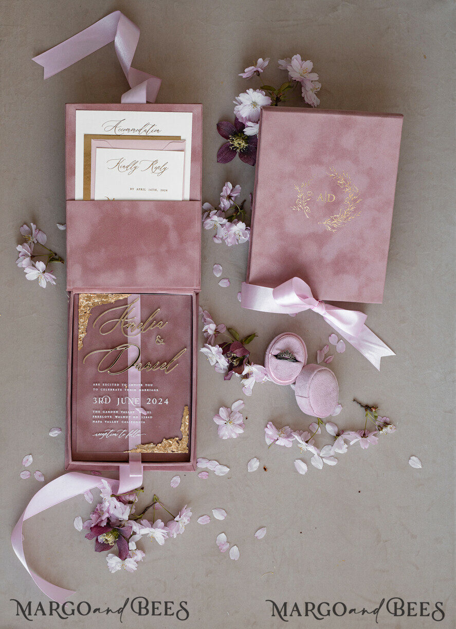 WEDDING INVITATIONS Invitations for VIP/ boxed Invites for Parents Blush Pink Boxed Wedding Invitation set ,3D Golden Plexi Wedding Invitation Suite Luxury Box, Elegant Boho Velvet Wedding Cards, Bespoke Golden Invites