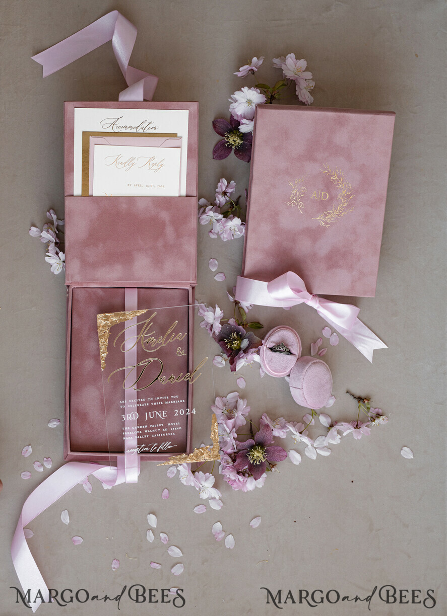 WEDDING INVITATIONS Invitations for VIP/ boxed Invites for Parents Blush Pink Boxed Wedding Invitation set ,3D Golden Plexi Wedding Invitation Suite Luxury Box, Elegant Boho Velvet Wedding Cards, Bespoke Golden Invites