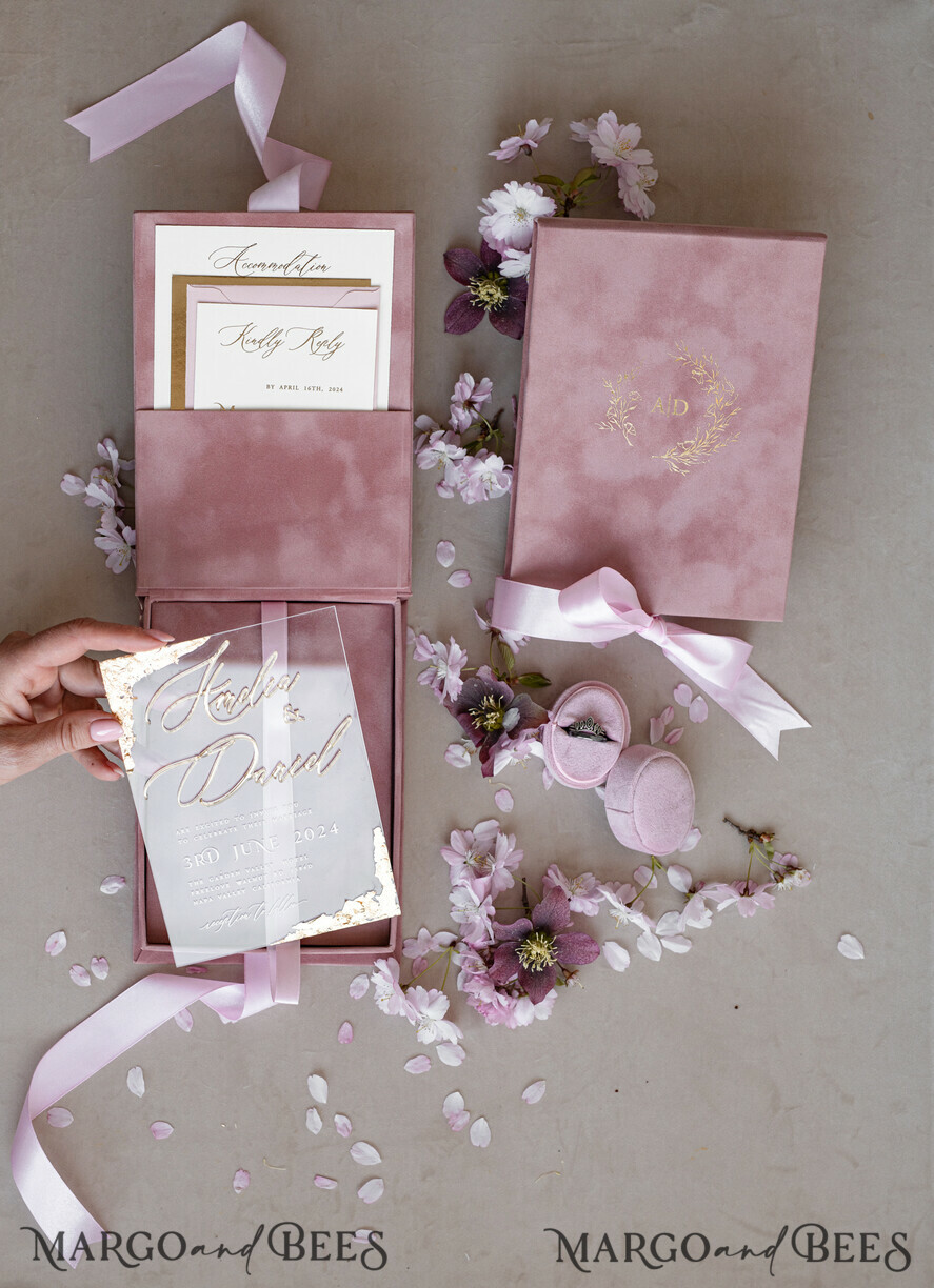 WEDDING INVITATIONS Invitations for VIP/ boxed Invites for Parents Blush Pink Boxed Wedding Invitation set ,3D Golden Plexi Wedding Invitation Suite Luxury Box, Elegant Boho Velvet Wedding Cards, Bespoke Golden Invites