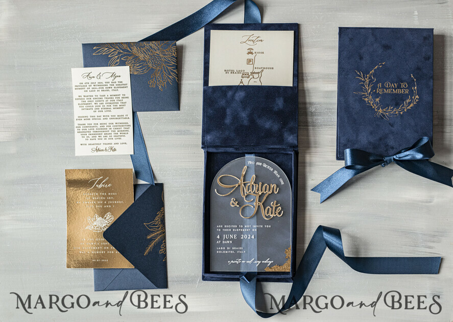 WEDDING INVITATIONS Invitations for VIP/ boxed Invites for Parents Vip Navy Blue Gold Foil Wedding Invitations in velvet box, Plexi Glamour Wedding Invitation Suite Luxury Box, Romantic Velvet Wedding Cards, Bespoke Golden Invites