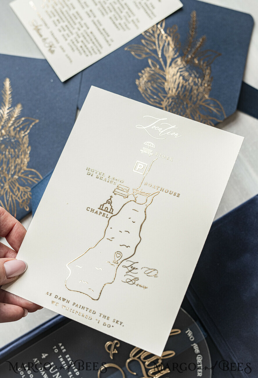 WEDDING INVITATIONS Invitations for VIP/ boxed Invites for Parents Vip Navy Blue Gold Foil Wedding Invitations in velvet box, Plexi Glamour Wedding Invitation Suite Luxury Box, Romantic Velvet Wedding Cards, Bespoke Golden Invites