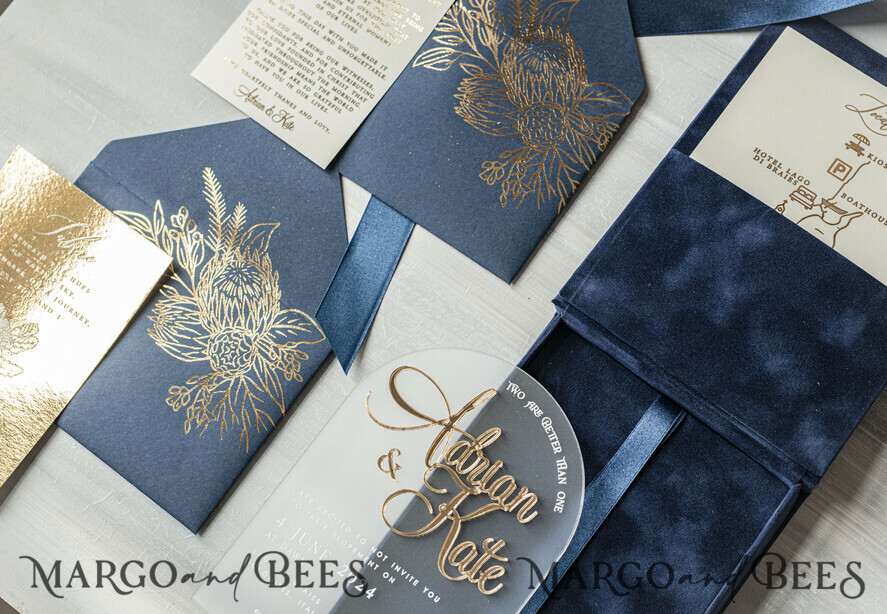 WEDDING INVITATIONS Invitations for VIP/ boxed Invites for Parents Vip Navy Blue Gold Foil Wedding Invitations in velvet box, Plexi Glamour Wedding Invitation Suite Luxury Box, Romantic Velvet Wedding Cards, Bespoke Golden Invites