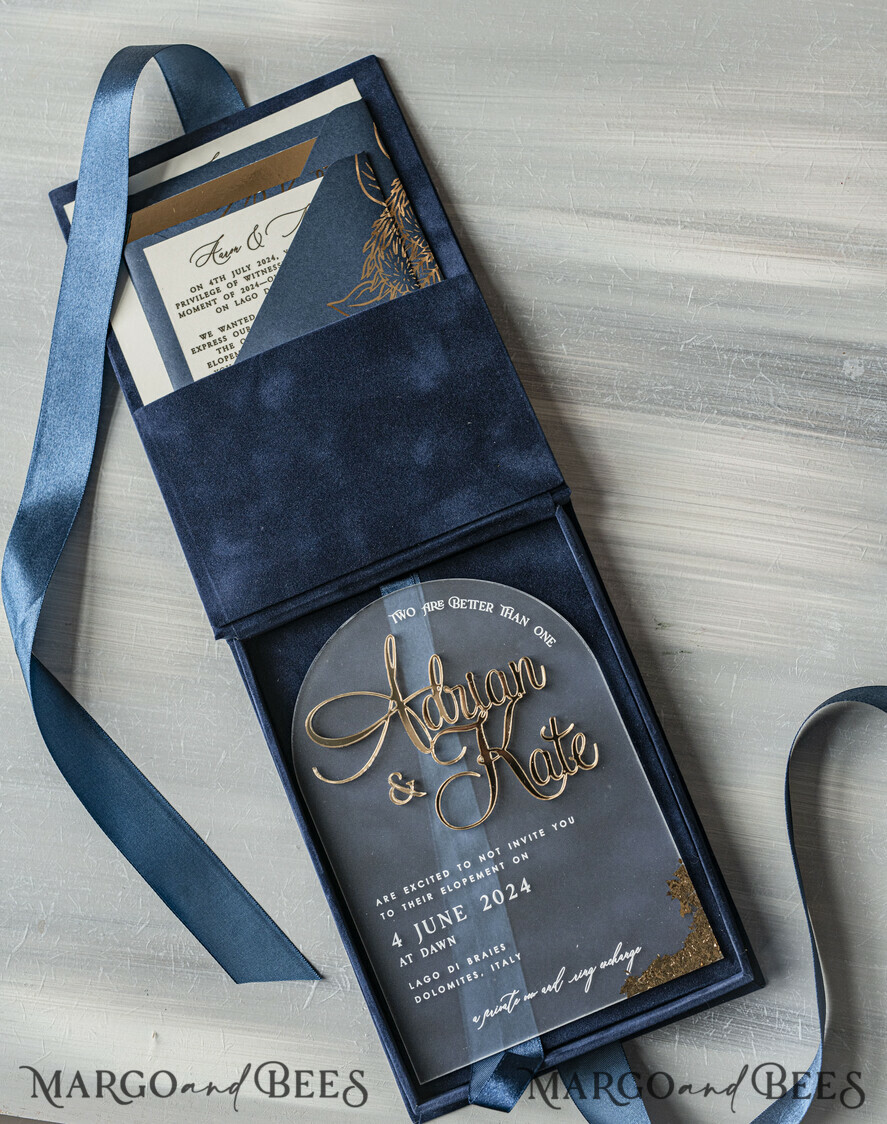 WEDDING INVITATIONS Invitations for VIP/ boxed Invites for Parents Vip Navy Blue Gold Foil Wedding Invitations in velvet box, Plexi Glamour Wedding Invitation Suite Luxury Box, Romantic Velvet Wedding Cards, Bespoke Golden Invites