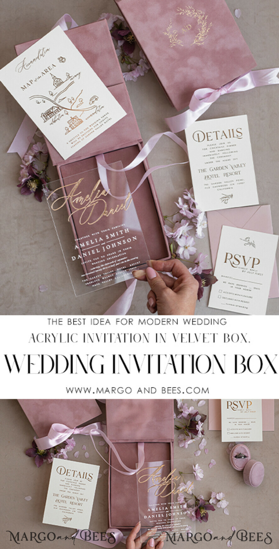 WEDDING INVITATIONS Invitations for VIP/ boxed Invites for Parents Blush Pink Boxed Wedding Invitation set ,3D Golden Plexi Wedding Invitation Suite Luxury Box, Elegant Boho Velvet Wedding Cards, Bespoke Golden Invites