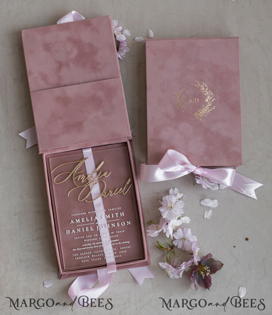 WEDDING INVITATIONS Invitations for VIP/ boxed Invites for Parents Blush Pink Boxed Wedding Invitation set ,3D Golden Plexi Wedding Invitation Suite Luxury Box, Elegant Boho Velvet Wedding Cards, Bespoke Golden Invites