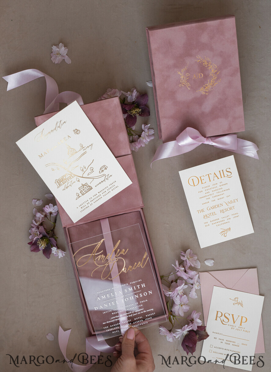 WEDDING INVITATIONS Invitations for VIP/ boxed Invites for Parents Blush Pink Boxed Wedding Invitation set ,3D Golden Plexi Wedding Invitation Suite Luxury Box, Elegant Boho Velvet Wedding Cards, Bespoke Golden Invites