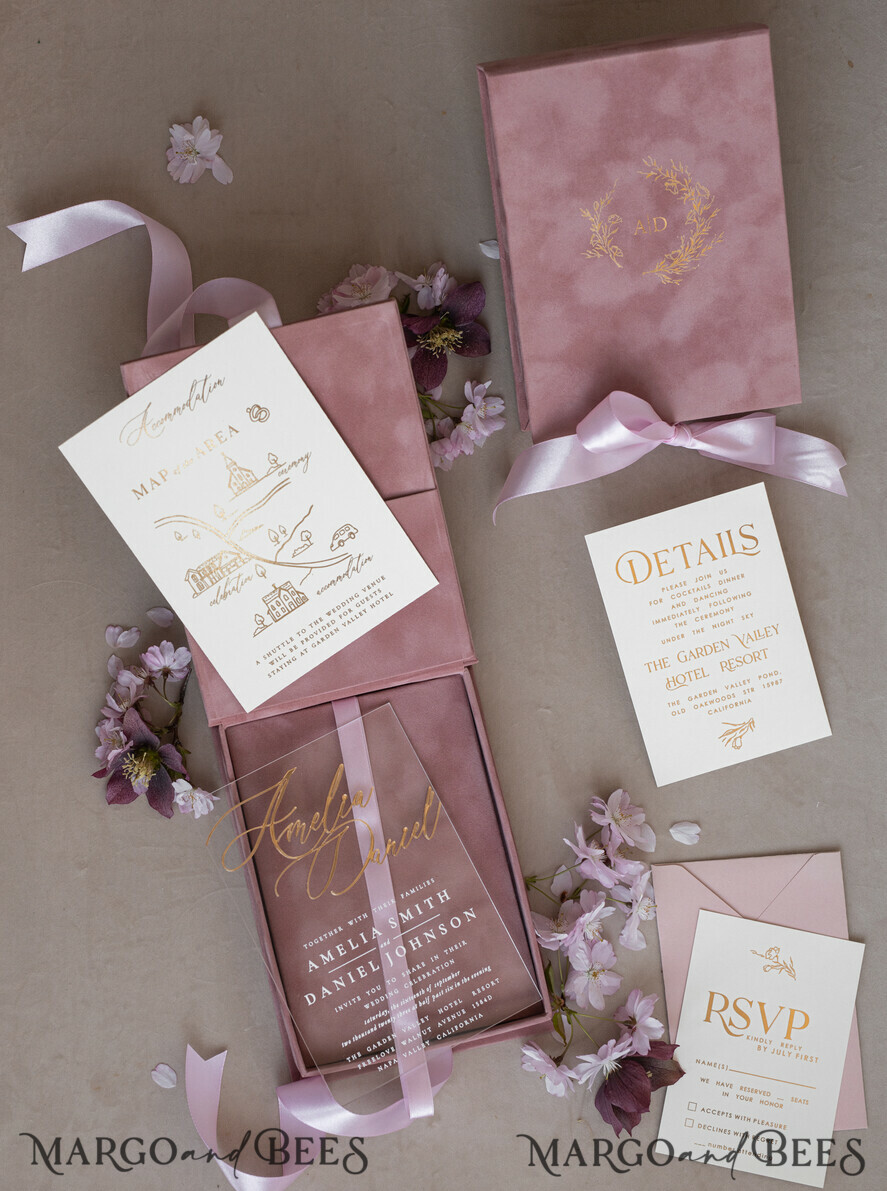 WEDDING INVITATIONS Invitations for VIP/ boxed Invites for Parents Blush Pink Boxed Wedding Invitation set ,3D Golden Plexi Wedding Invitation Suite Luxury Box, Elegant Boho Velvet Wedding Cards, Bespoke Golden Invites