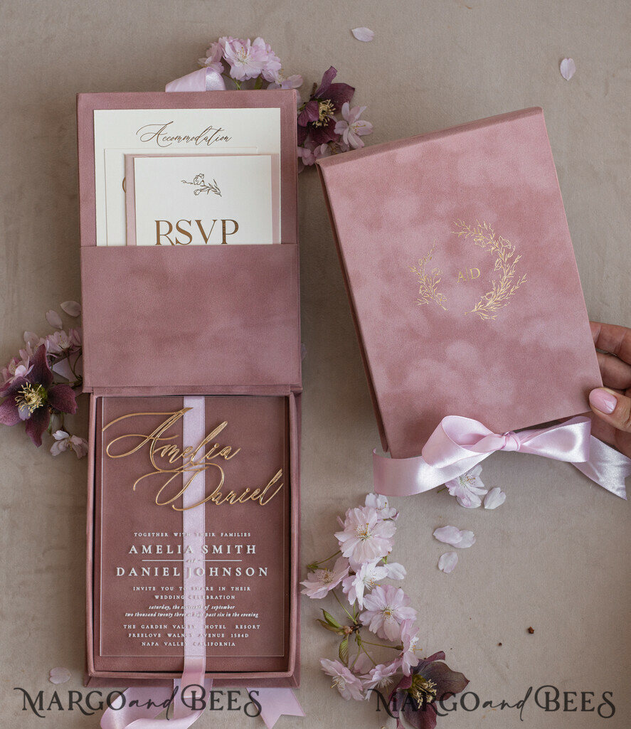 WEDDING INVITATIONS Invitations for VIP/ boxed Invites for Parents Blush Pink Boxed Wedding Invitation set ,3D Golden Plexi Wedding Invitation Suite Luxury Box, Elegant Boho Velvet Wedding Cards, Bespoke Golden Invites