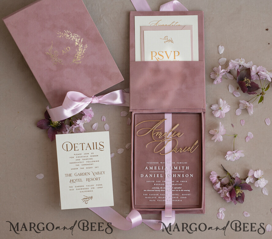 WEDDING INVITATIONS Invitations for VIP/ boxed Invites for Parents Blush Pink Boxed Wedding Invitation set ,3D Golden Plexi Wedding Invitation Suite Luxury Box, Elegant Boho Velvet Wedding Cards, Bespoke Golden Invites