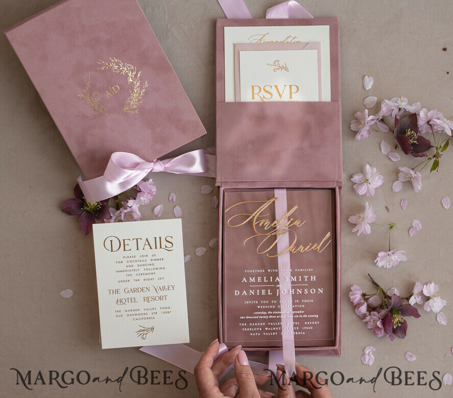 WEDDING INVITATIONS Invitations for VIP/ boxed Invites for Parents Blush Pink Boxed Wedding Invitation set ,3D Golden Plexi Wedding Invitation Suite Luxury Box, Elegant Boho Velvet Wedding Cards, Bespoke Golden Invites